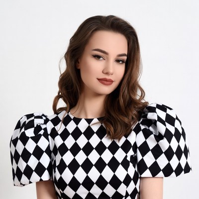 Woman in black white checkered dress