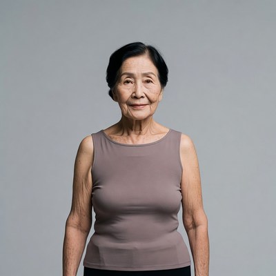 Elderly Asian woman in gray tank top