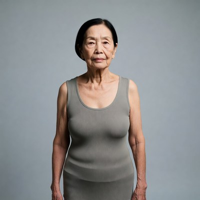 Elderly Asian woman in gray tank top