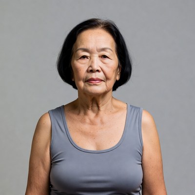 Elderly Asian woman in gray tank top