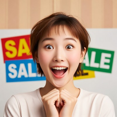 Excited Asian woman with sale signs