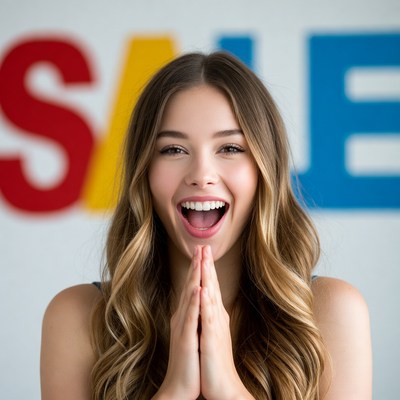 Excited woman praying hands sale sign