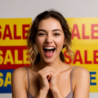 Excited woman with sale signs