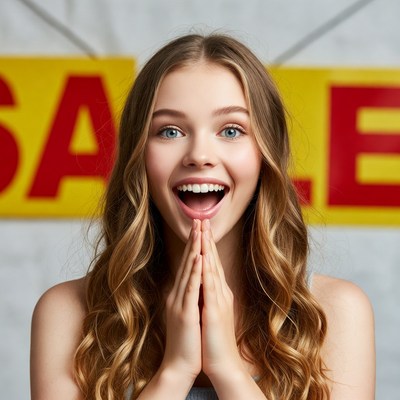Excited girl with sale signs