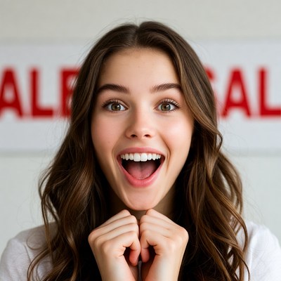 Excited young woman with sale sign