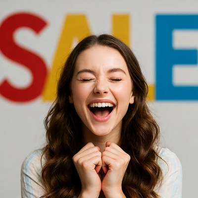 Excited woman with sale sign