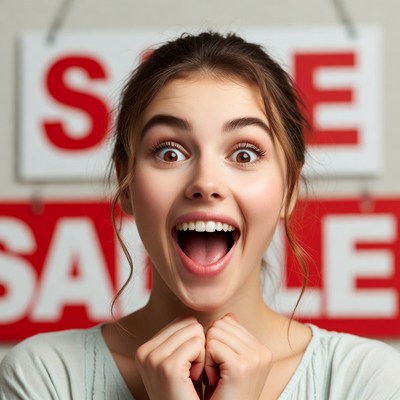 Excited woman with sale signs