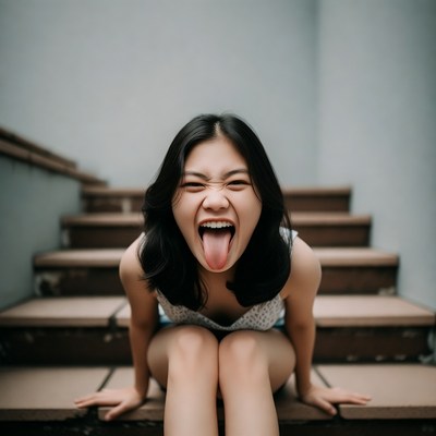 Asian woman sticking tongue out on stairs