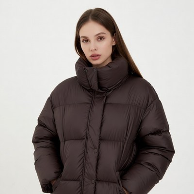 Woman wearing brown puffer jacket