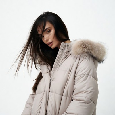 Woman in fur hood puffer jacket