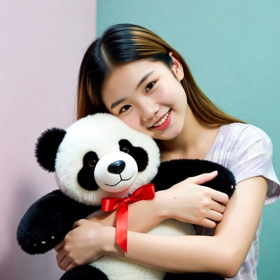 Asian girl hugging panda teddy bear