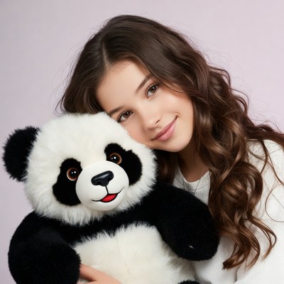 Girl hugging plush panda bear