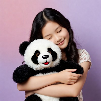 Asian girl hugging panda plush