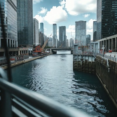Chicago River Skyscrapers Construction Cranes
