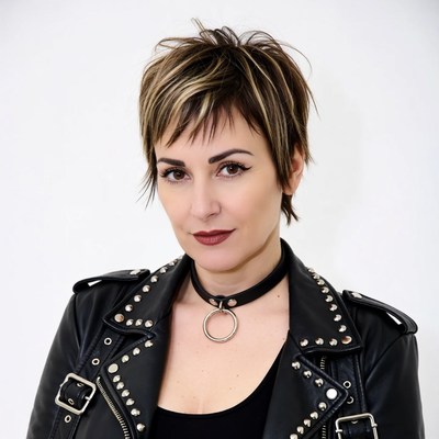 Woman in studded leather jacket