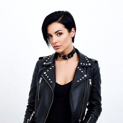 Woman in studded leather jacket