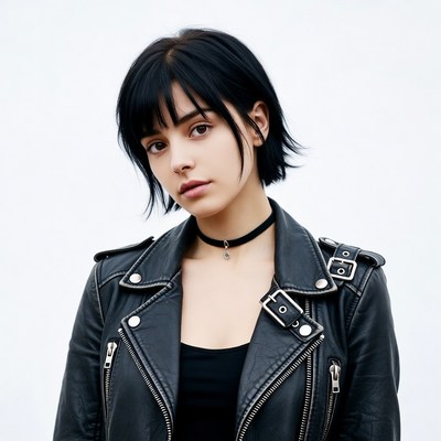 Woman in black leather jacket