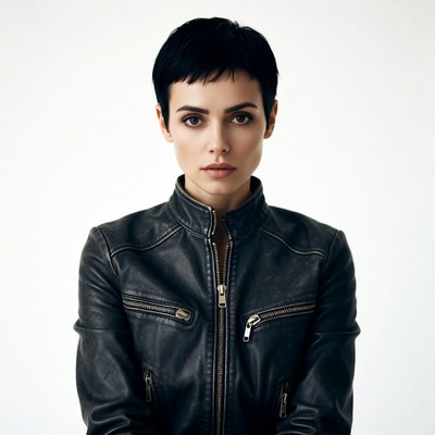 Woman with short black hair in leather jacket
