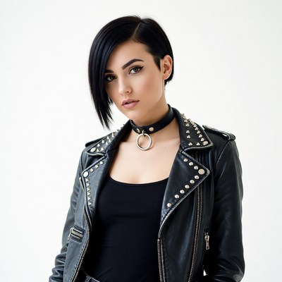Woman in studded leather jacket