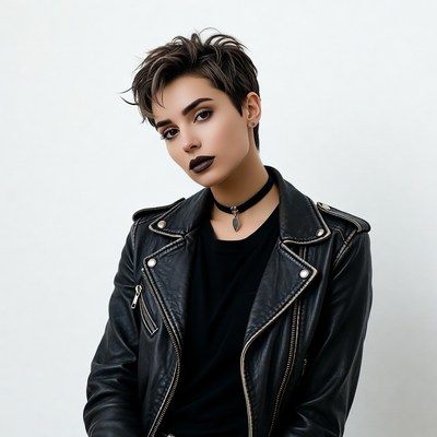 Woman with short hair in leather jacket