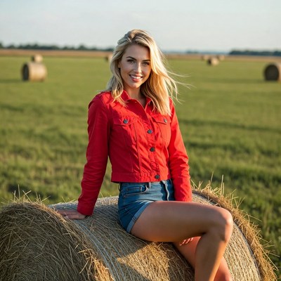 Blonde woman on hay bale