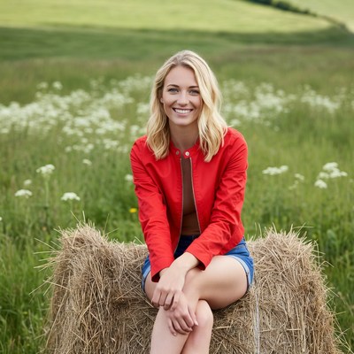 Blonde woman sitting on hay bale