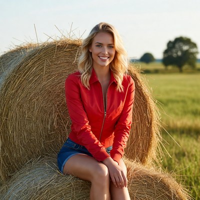 Blonde woman smiling on hay bale