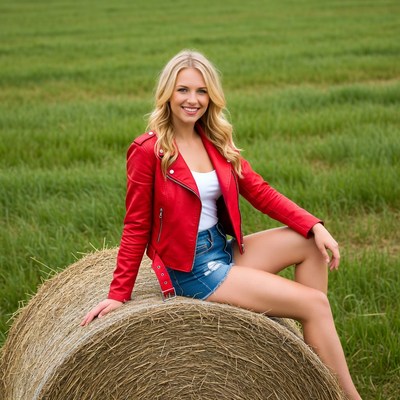 Blonde woman in red jacket on hay bale