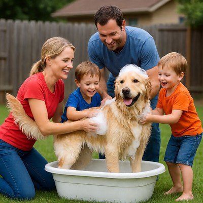 Family bathing golden retriever in backyard
