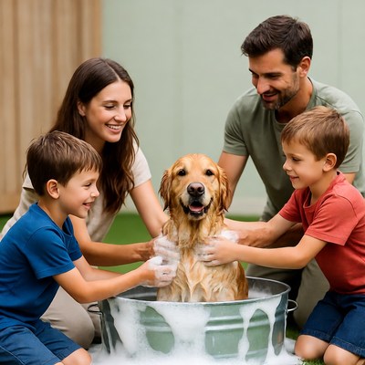 Family bathing golden retriever outdoors