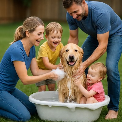 Family bathing golden retriever puppy