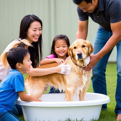Asian family washing golden retriever
