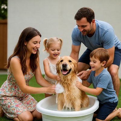 Family washing golden retriever dog