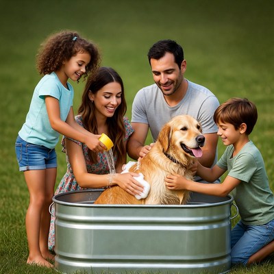 Family washing golden retriever puppy