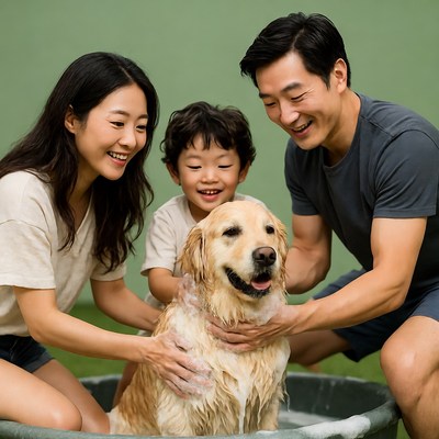 Asian family bathing golden retriever