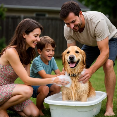 Family washing golden retriever puppy