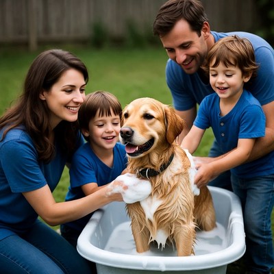 Family washing golden retriever in backyard