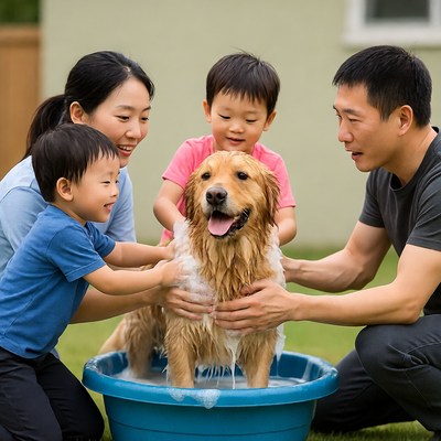 Asian family bathing golden retriever