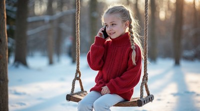 Girl talking on phone on snowy swing