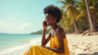 African-American woman talking on phone at beach