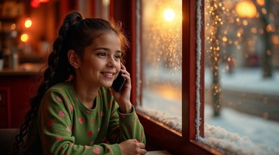 Girl talking on phone by rainy window