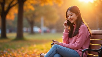Asian woman talking on phone in autumn park