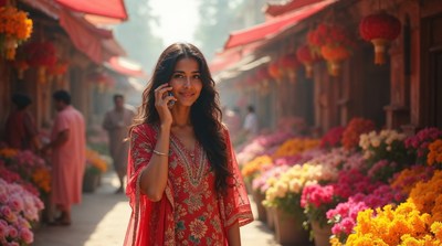 Indian woman talking on phone in flower market