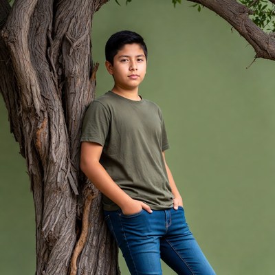 Latino boy leaning against tree