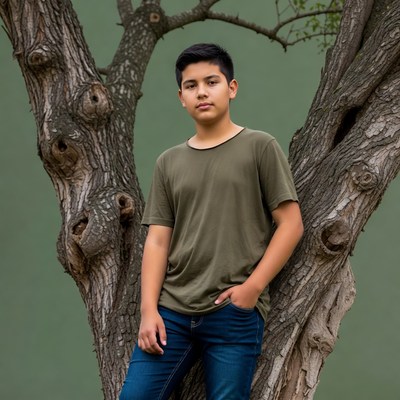 Latino boy leaning against tree