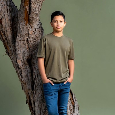 Latino boy leaning against tree