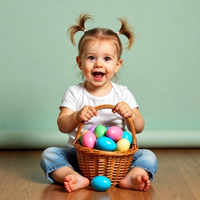 Baby girl holding Easter eggs basket