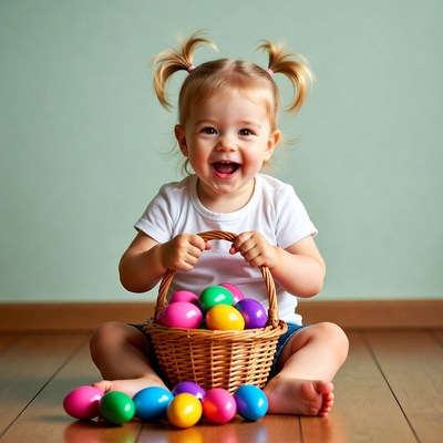 Toddler girl with Easter basket eggs