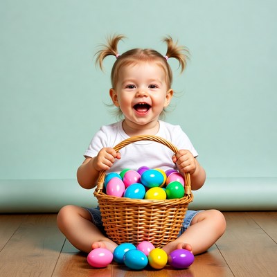 Baby girl holding Easter eggs basket