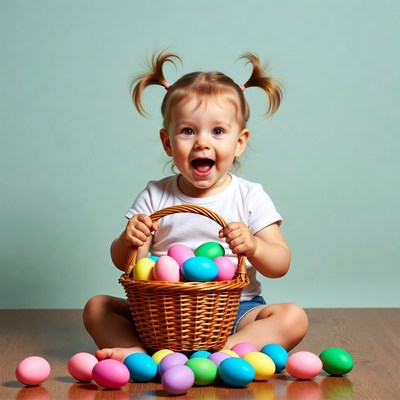 Toddler girl with Easter eggs basket